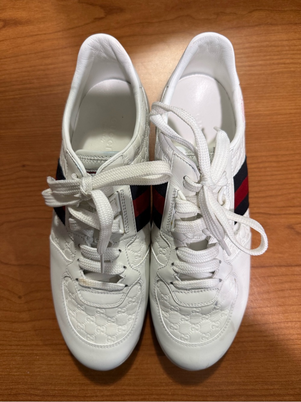 Gucci White Leather Sneakers with Red & Navy Web Stripe
